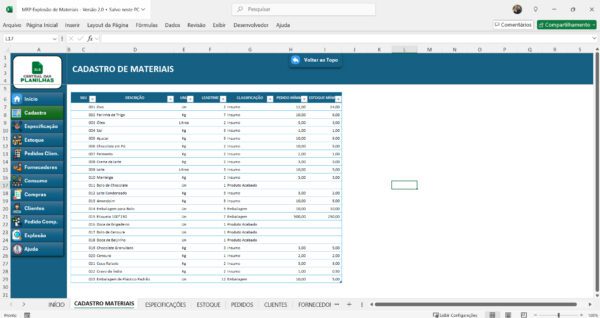 Central das Planilhas - MRP Explosão de Materiais